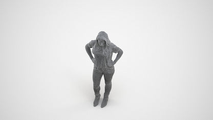 realistic 3D human woman casual standing, archviz people FBX OBJ for Blender, wireframe three-quarter view