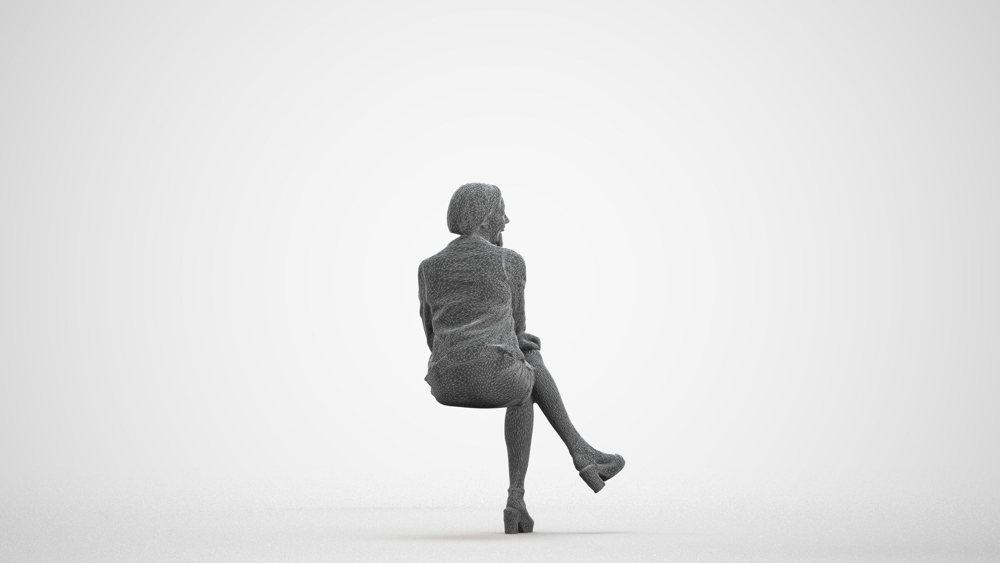 3D scanned woman sitting casual, photorealistic archviz people for Enscape and SketchUp, wireframe front view