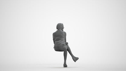 3D scanned woman sitting casual, photorealistic archviz people for Enscape and SketchUp, wireframe front view