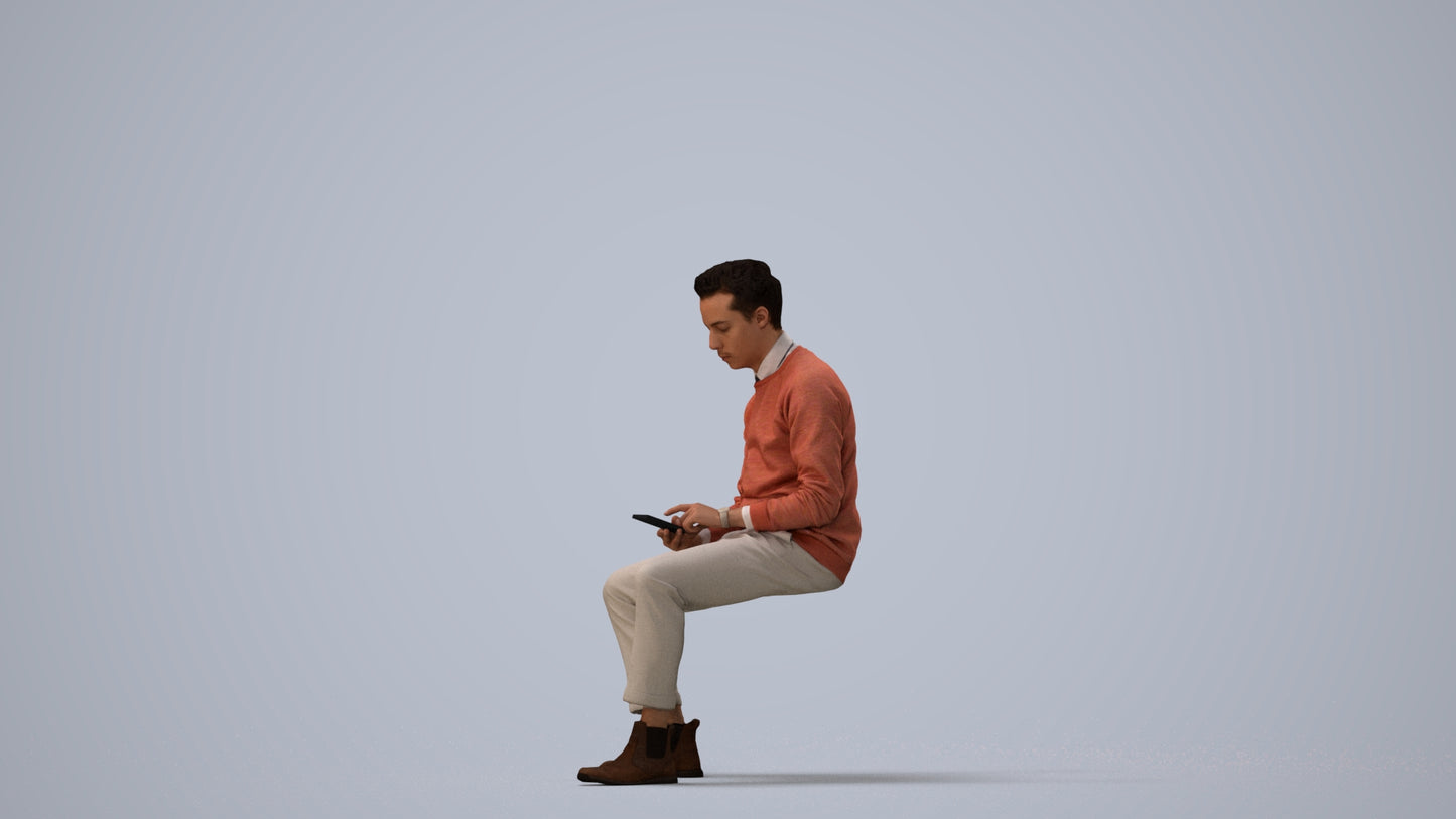 3D people model man casual sitting, scanned human for 3ds Max rendering, three-quarter view render