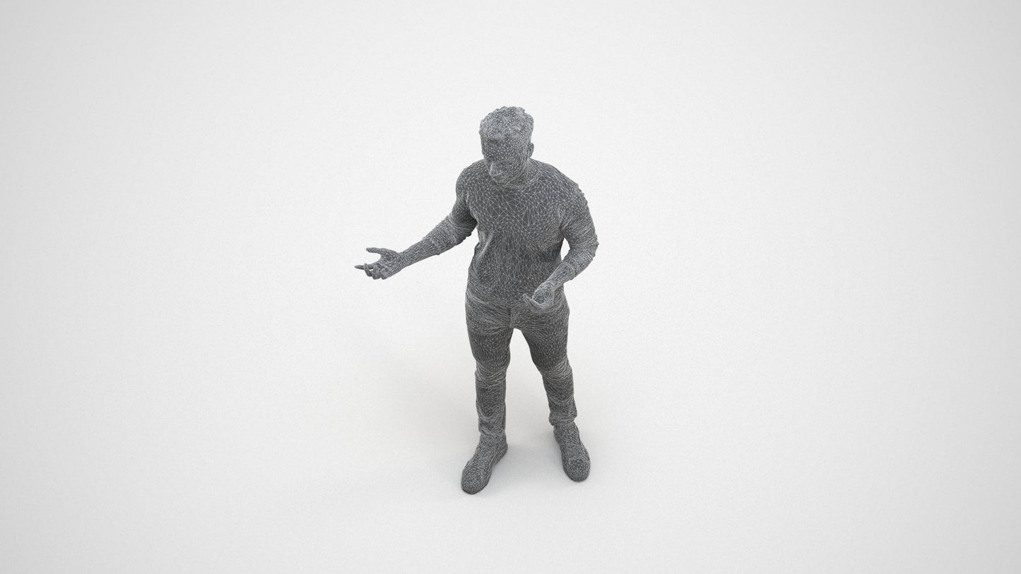 realistic 3D man casual standing, scanned archviz people for Blender and 3ds Max, wireframe three-quarter view