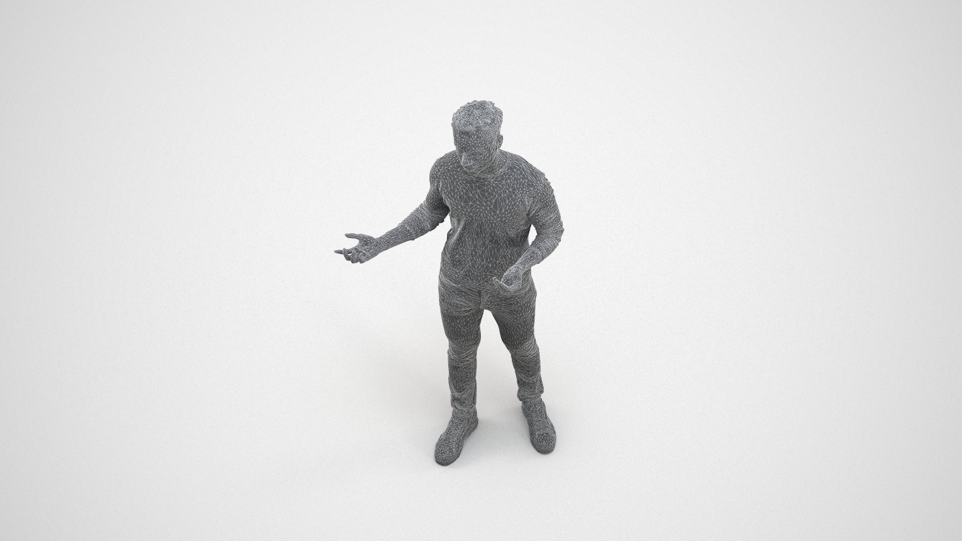 realistic 3D man casual standing, scanned archviz people for Blender and 3ds Max, wireframe three-quarter view