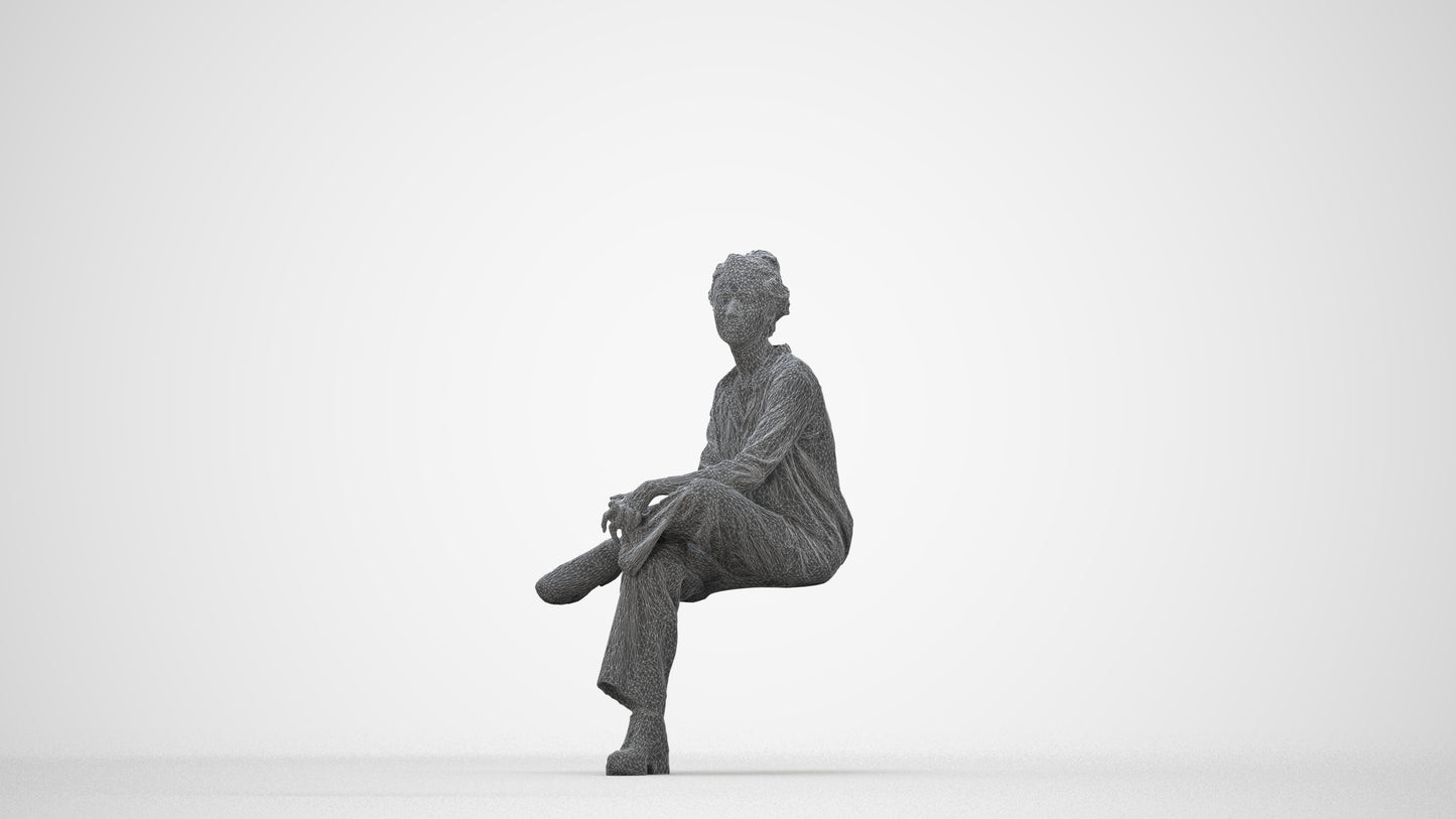 realistic 3D human woman casual sitting, archviz people FBX OBJ for Blender, wireframe back view