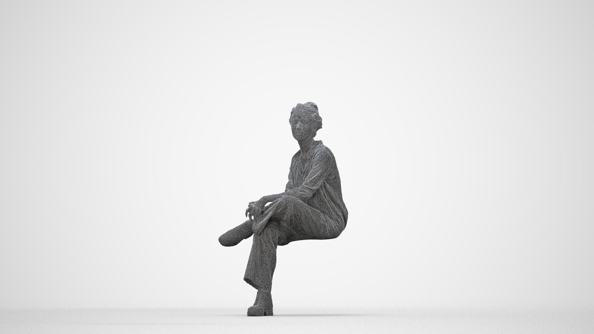 realistic 3D human woman casual sitting, archviz people FBX OBJ for Blender, wireframe back view