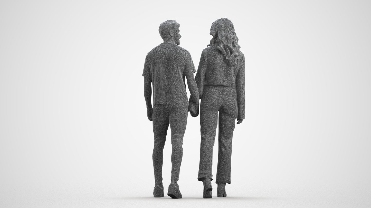 3D human model woman casual couple, photogrammetry scanned person for archviz, wireframe front view