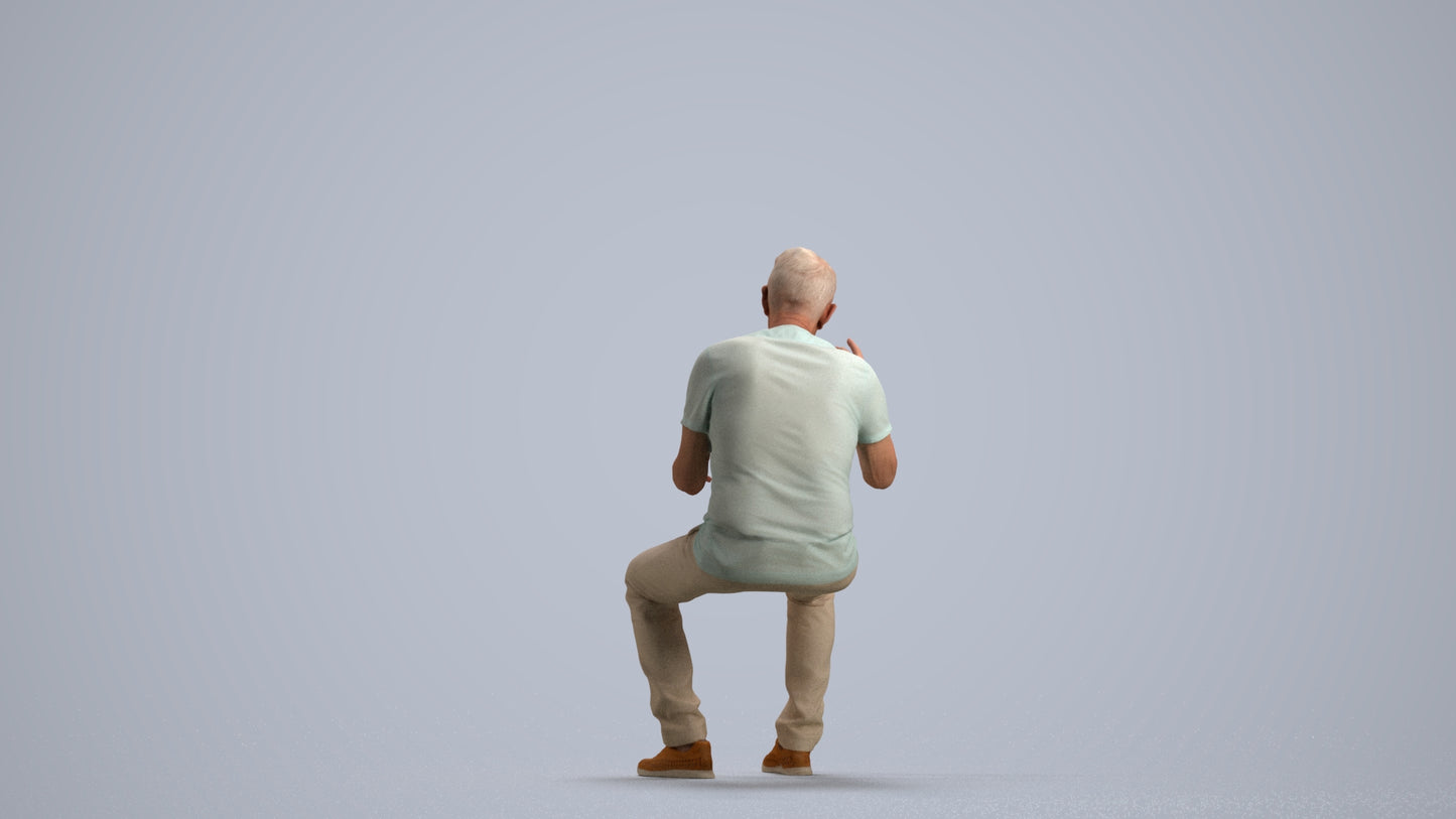 3D human model senior man casual sitting, photogrammetry scanned person for archviz, front view render
