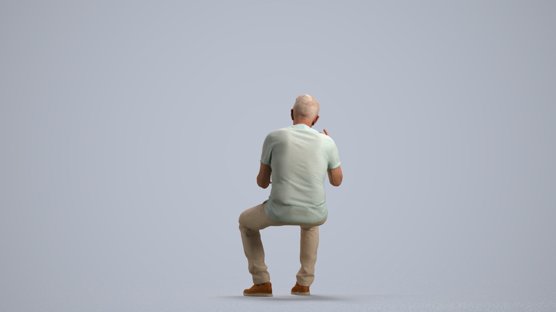 3D human model senior man casual sitting, photogrammetry scanned person for archviz, front view render