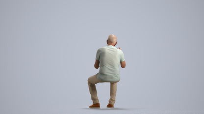 3D human model senior man casual sitting, photogrammetry scanned person for archviz, front view render
