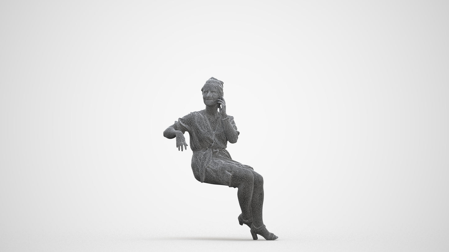 scanned 3D woman casual sitting, photogrammetry people for Enscape and V-Ray, three-quarter front view render