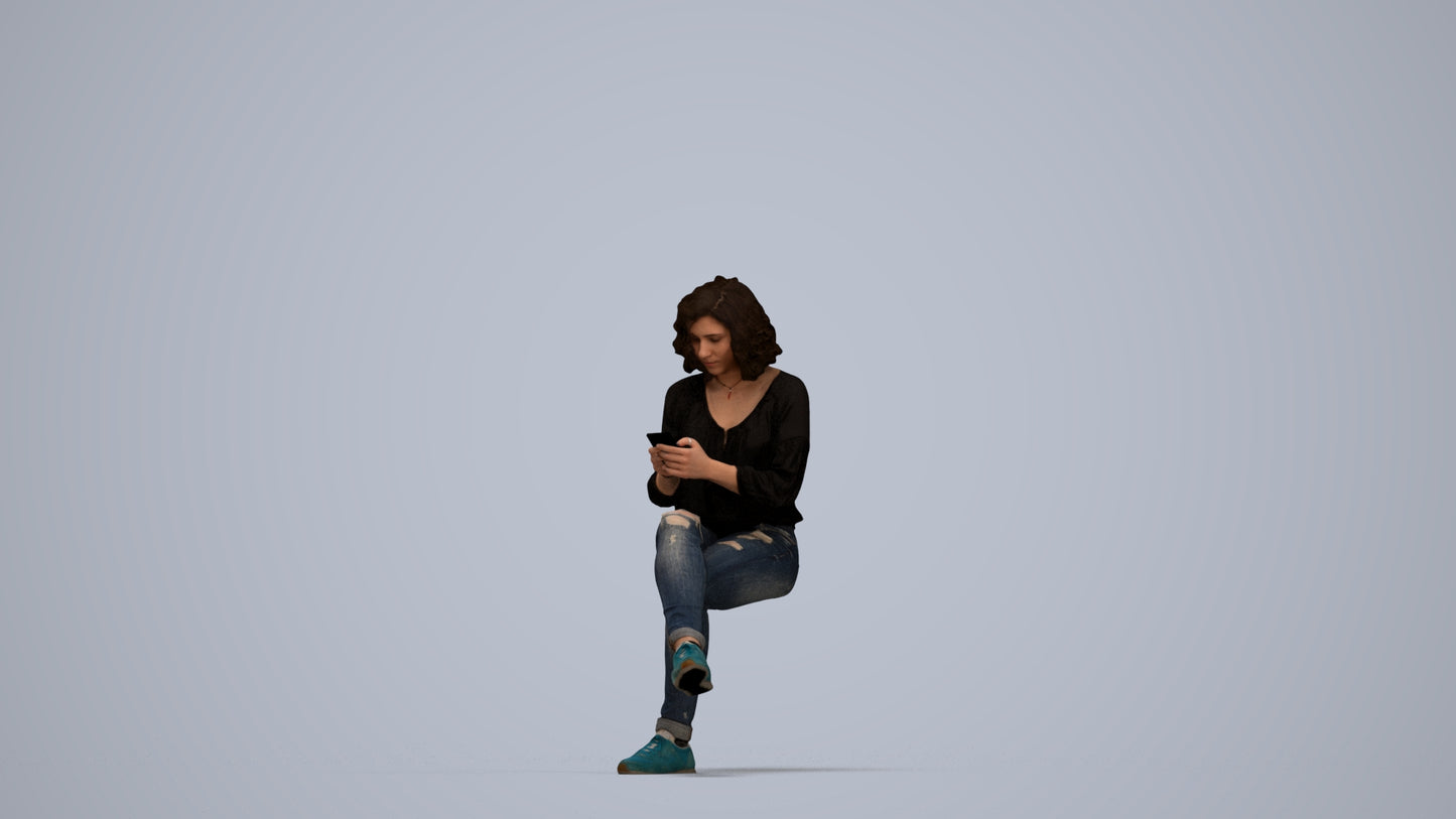 3D human model woman casual sitting, photogrammetry scanned person for archviz, top-down view render