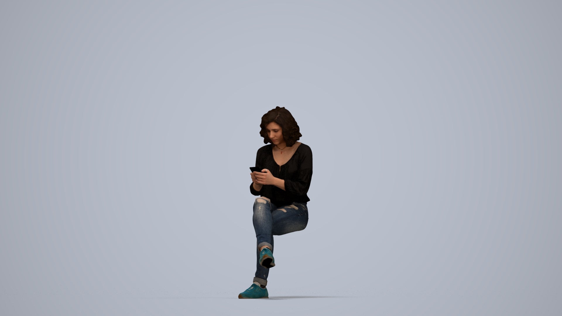 3D human model woman casual sitting, photogrammetry scanned person for archviz, top-down view render