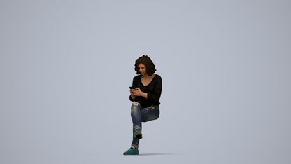 3D human model woman casual sitting, photogrammetry scanned person for archviz, top-down view render