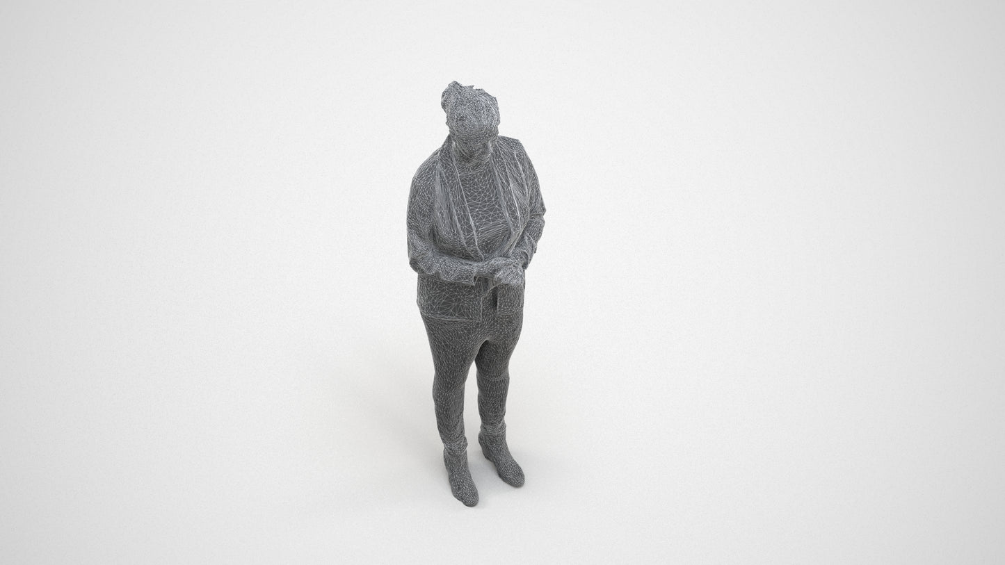 realistic 3D human woman business standing, archviz people FBX OBJ for Blender, wireframe three-quarter view