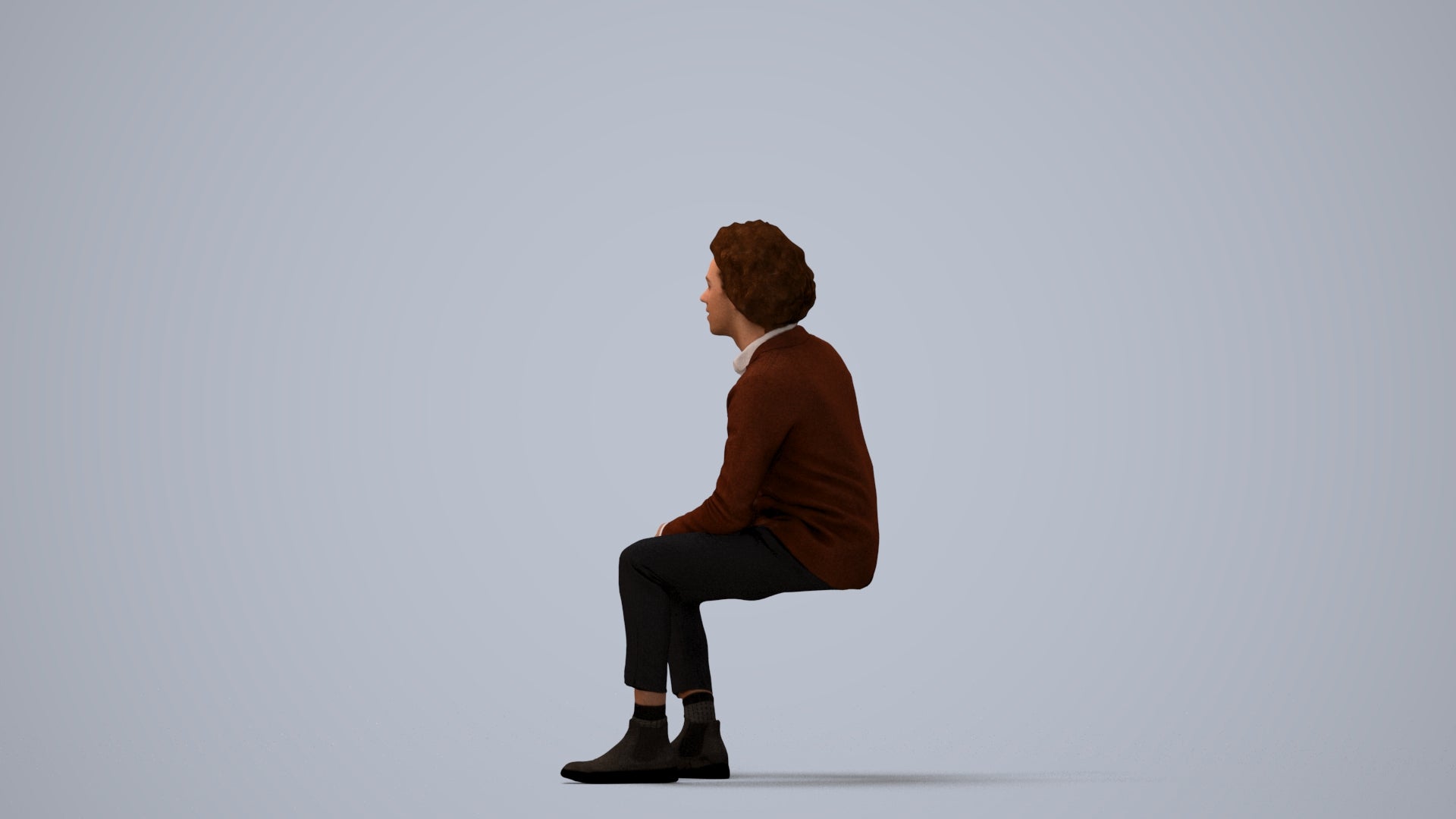 3D human model man business sitting, photogrammetry scanned person for archviz, three-quarter view render