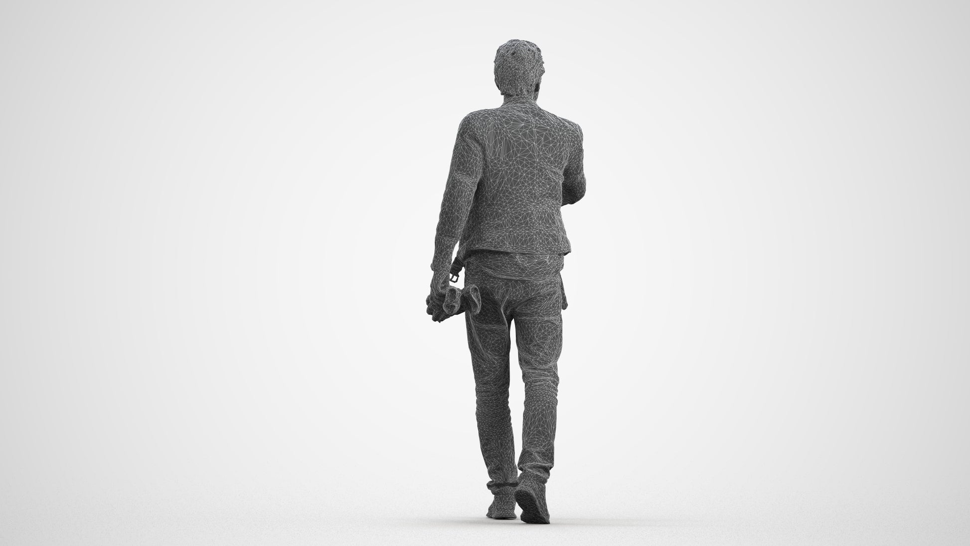 3D human model man casual walking, photogrammetry scanned person for archviz, wireframe front view