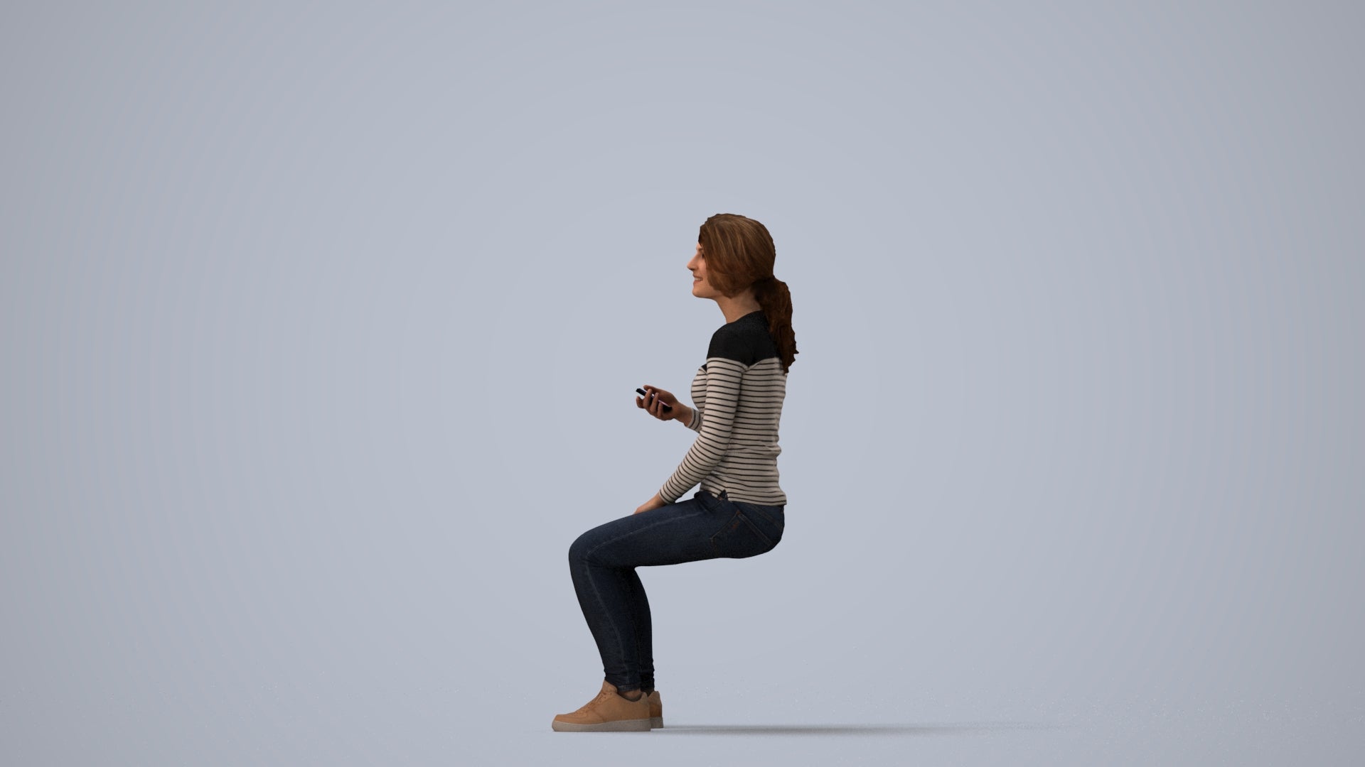 scanned 3D woman casual sitting, photogrammetry people for Enscape and V-Ray, three-quarter view render