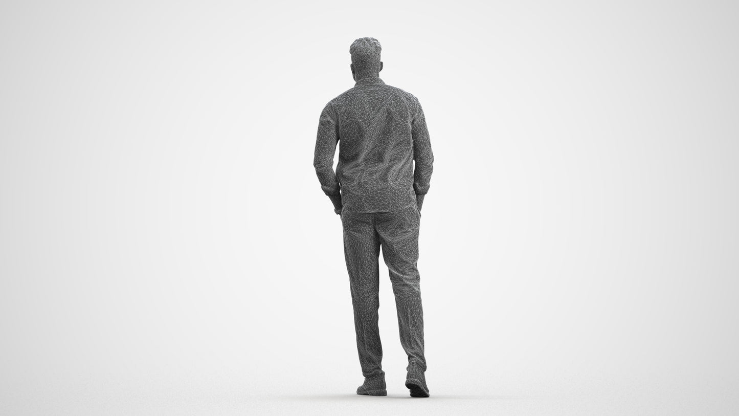 3D scanned man walking casual, photorealistic archviz people for Enscape and SketchUp, wireframe front view
