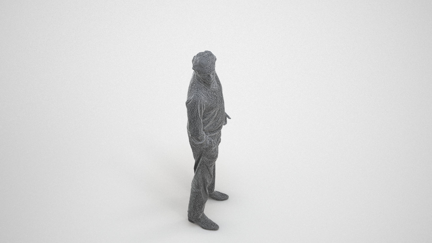 realistic 3D human man business standing, archviz people FBX OBJ for Blender, wireframe three-quarter view