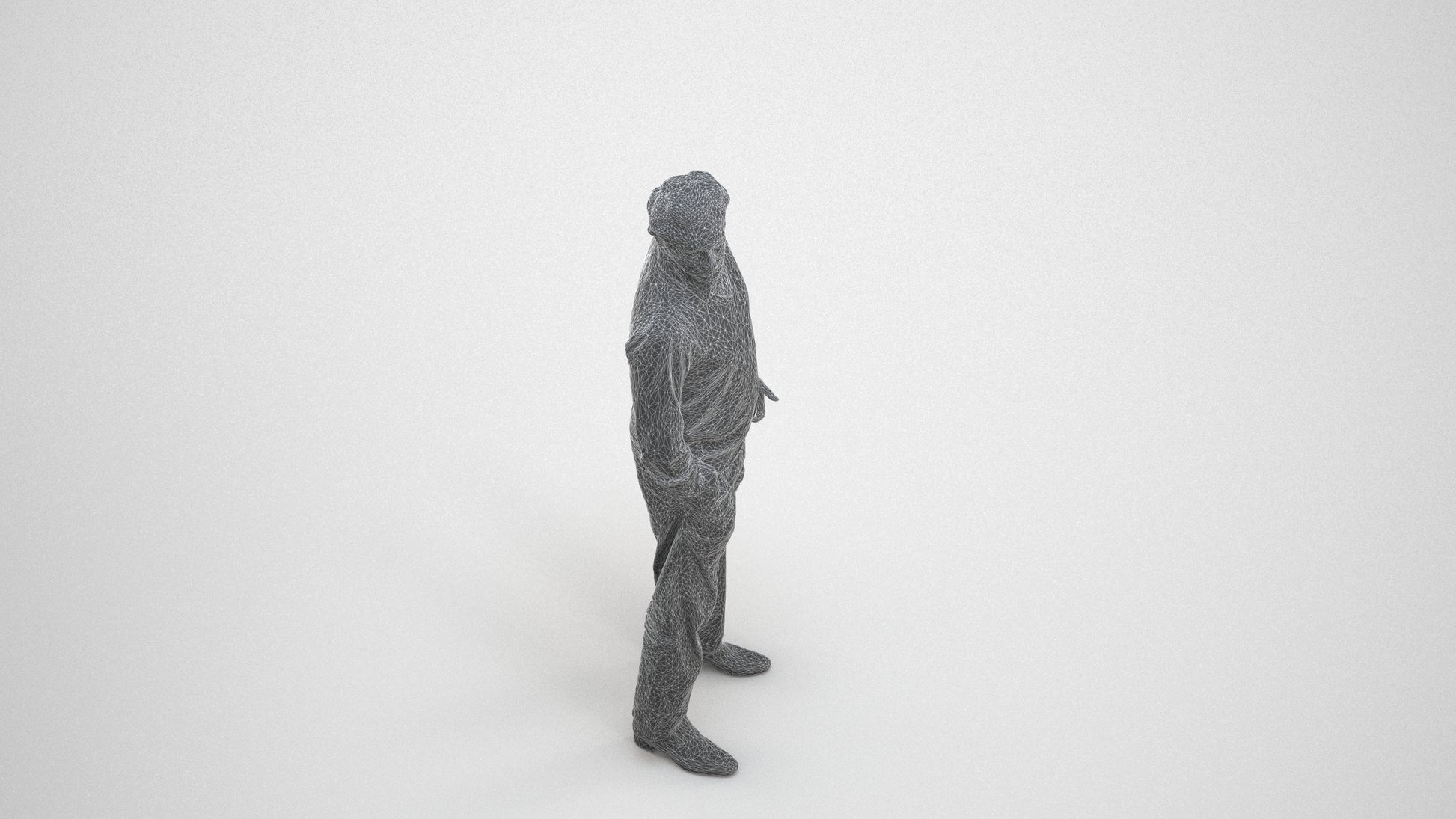 realistic 3D human man business standing, archviz people FBX OBJ for Blender, wireframe three-quarter view