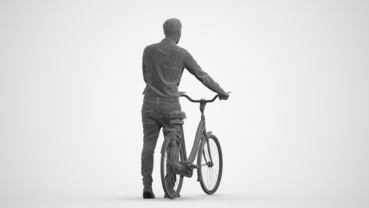 scanned 3D man casual cycling, photogrammetry people for Enscape and V-Ray, wireframe front view