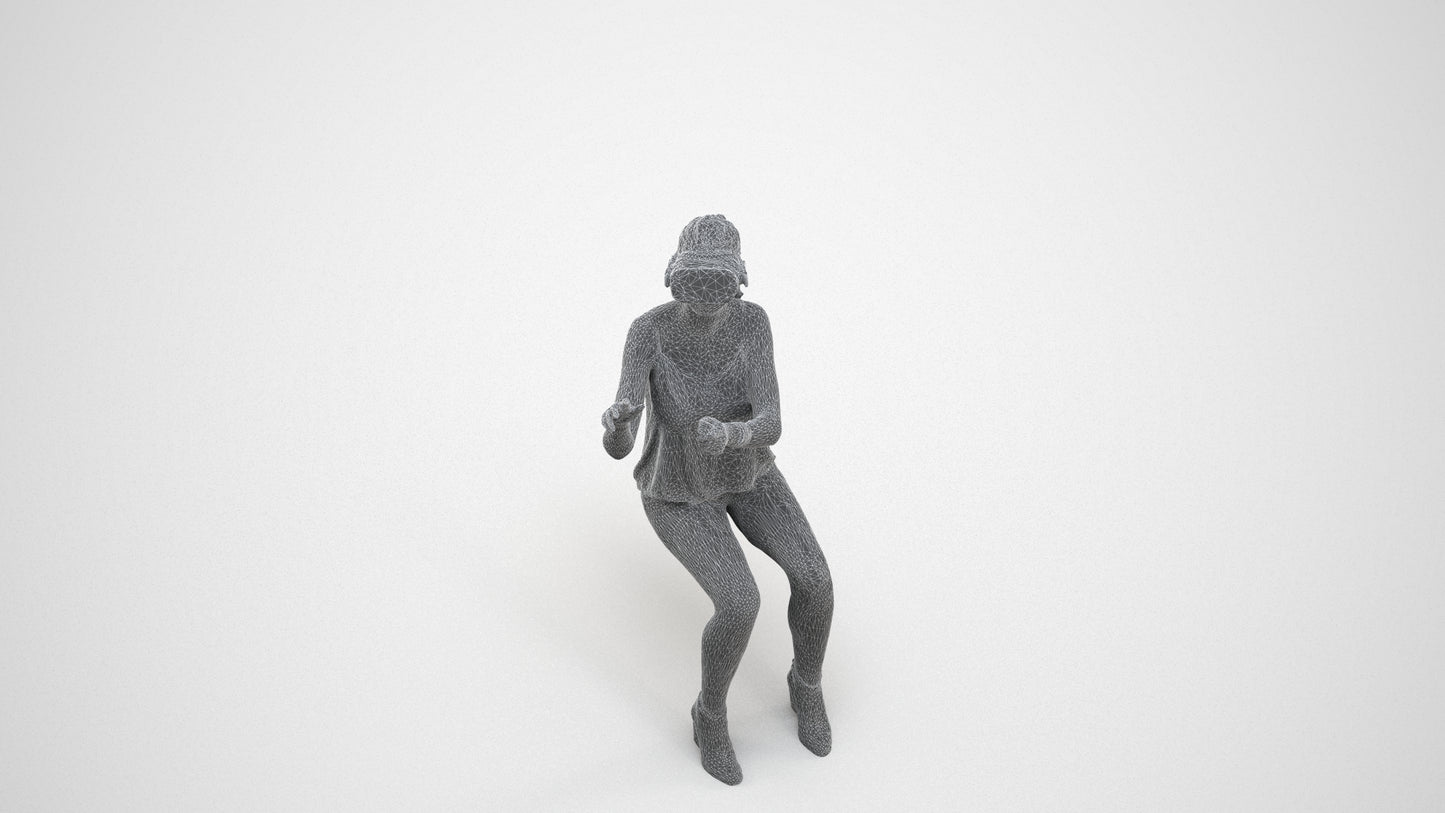 3D human model girl casual sitting, photogrammetry scanned person for archviz, wireframe three-quarter view