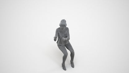 3D human model girl casual sitting, photogrammetry scanned person for archviz, wireframe three-quarter view