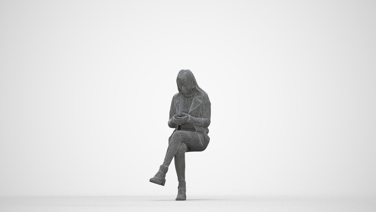 realistic 3D people woman casual sitting, render-ready for V-Ray and Corona, FBX OBJ, wireframe back view