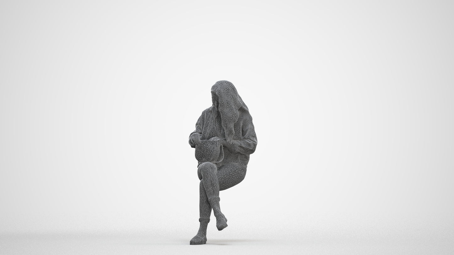 realistic 3D human woman sitting, archviz people FBX OBJ for Blender, three-quarter front view render