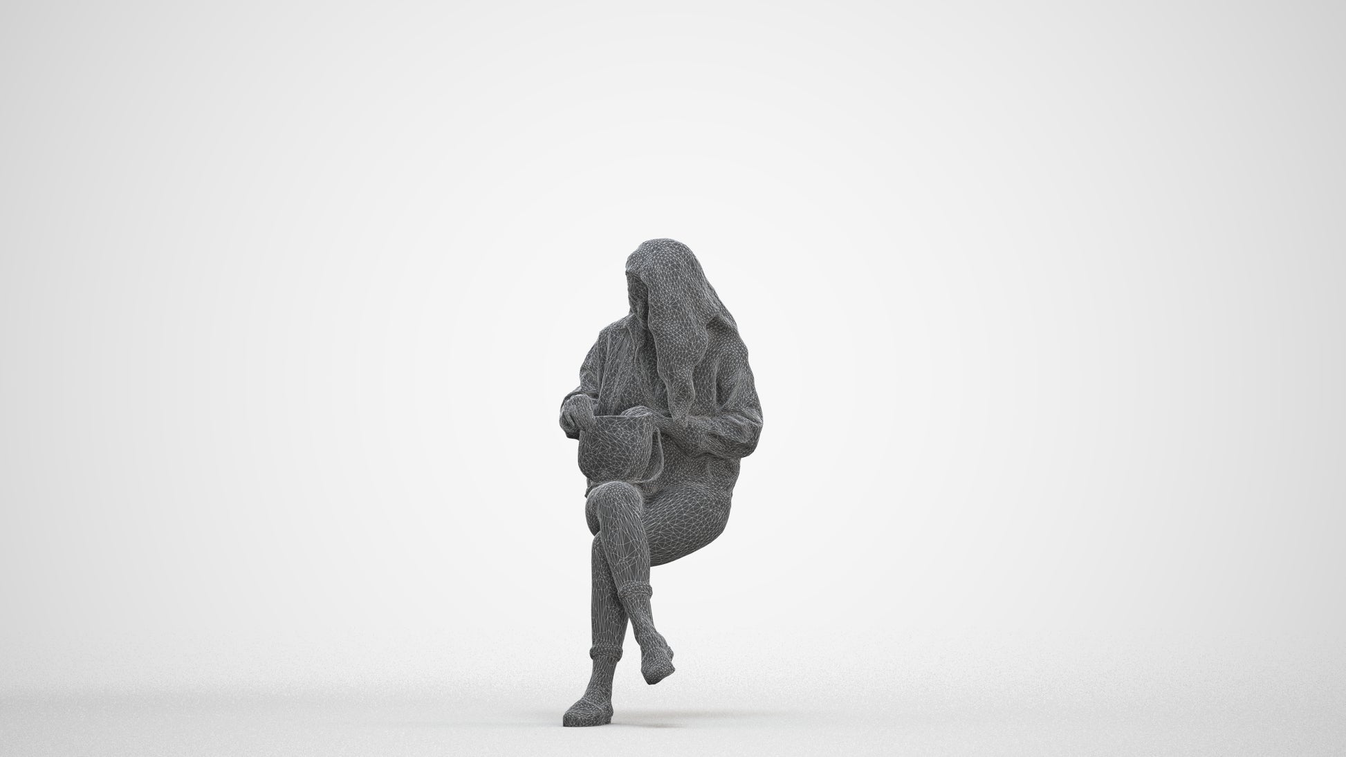 realistic 3D human woman sitting, archviz people FBX OBJ for Blender, three-quarter front view render