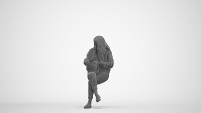 realistic 3D human woman sitting, archviz people FBX OBJ for Blender, three-quarter front view render