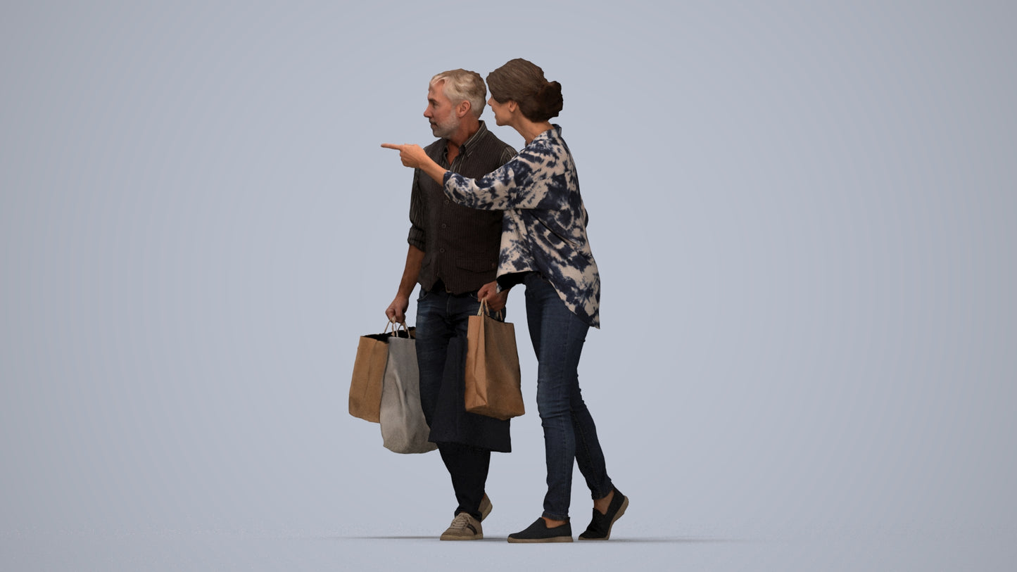 3D human model woman casual shopping, photogrammetry scanned person for archviz, top-down view render