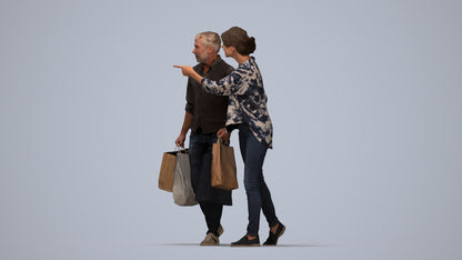 3D human model woman casual shopping, photogrammetry scanned person for archviz, top-down view render