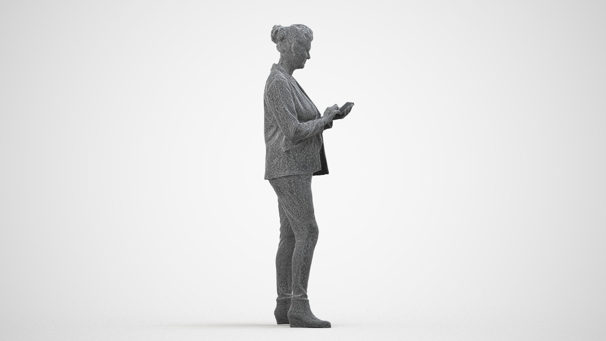 realistic 3D human woman business standing, archviz people FBX OBJ for Blender, wireframe side view