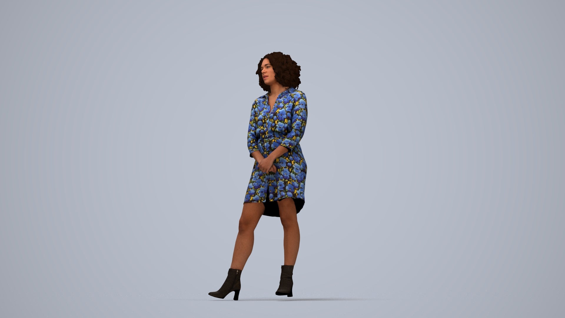 3D human model woman casual standing, photogrammetry scanned person for archviz, top-down view render