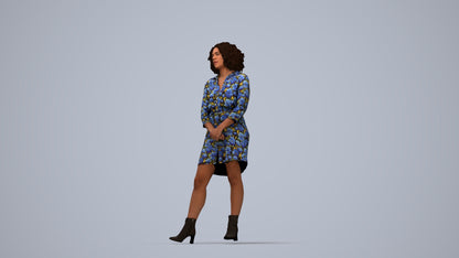 3D human model woman casual standing, photogrammetry scanned person for archviz, top-down view render