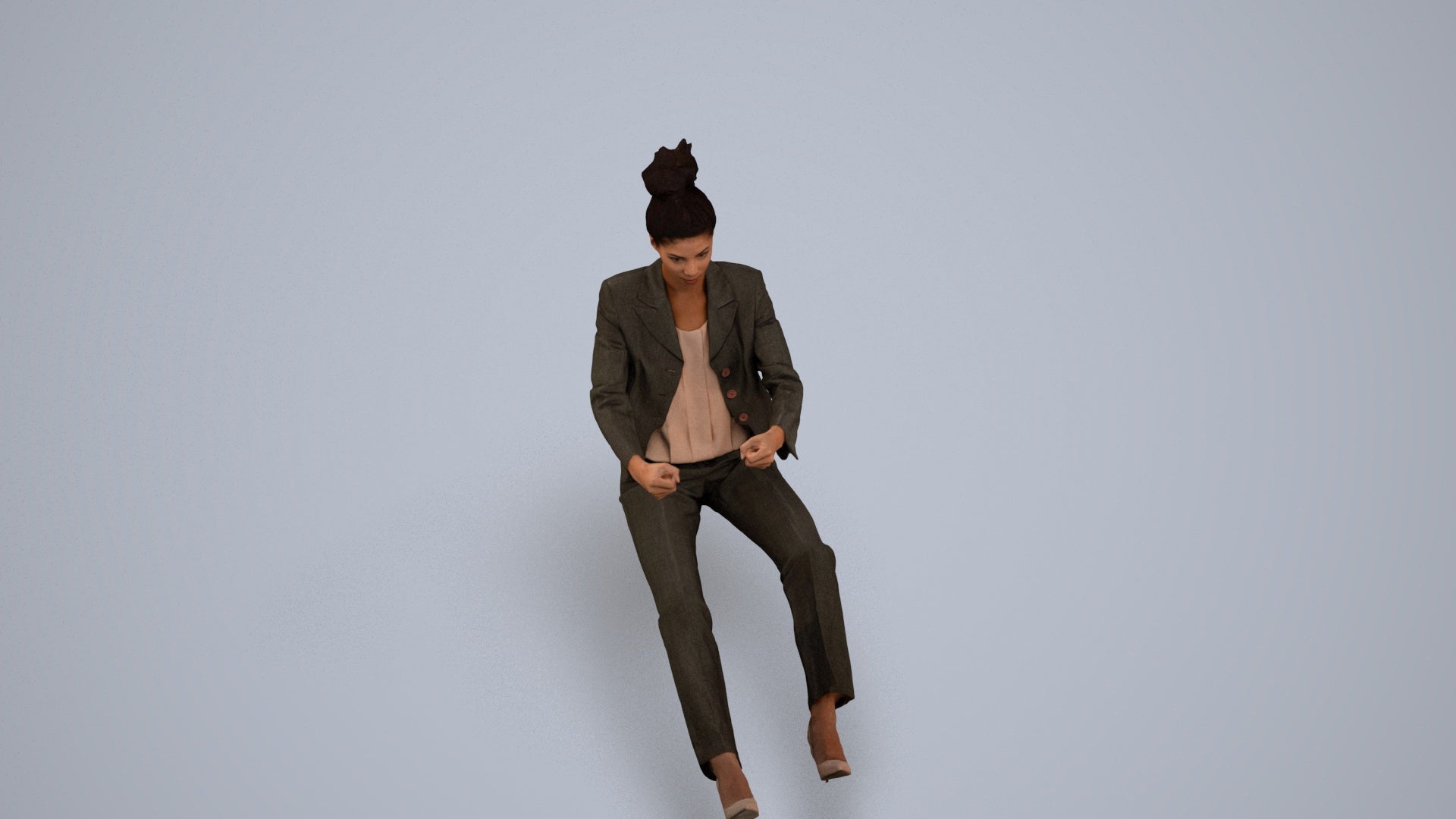 3D human model woman business driving, photogrammetry scanned person for archviz, back view render