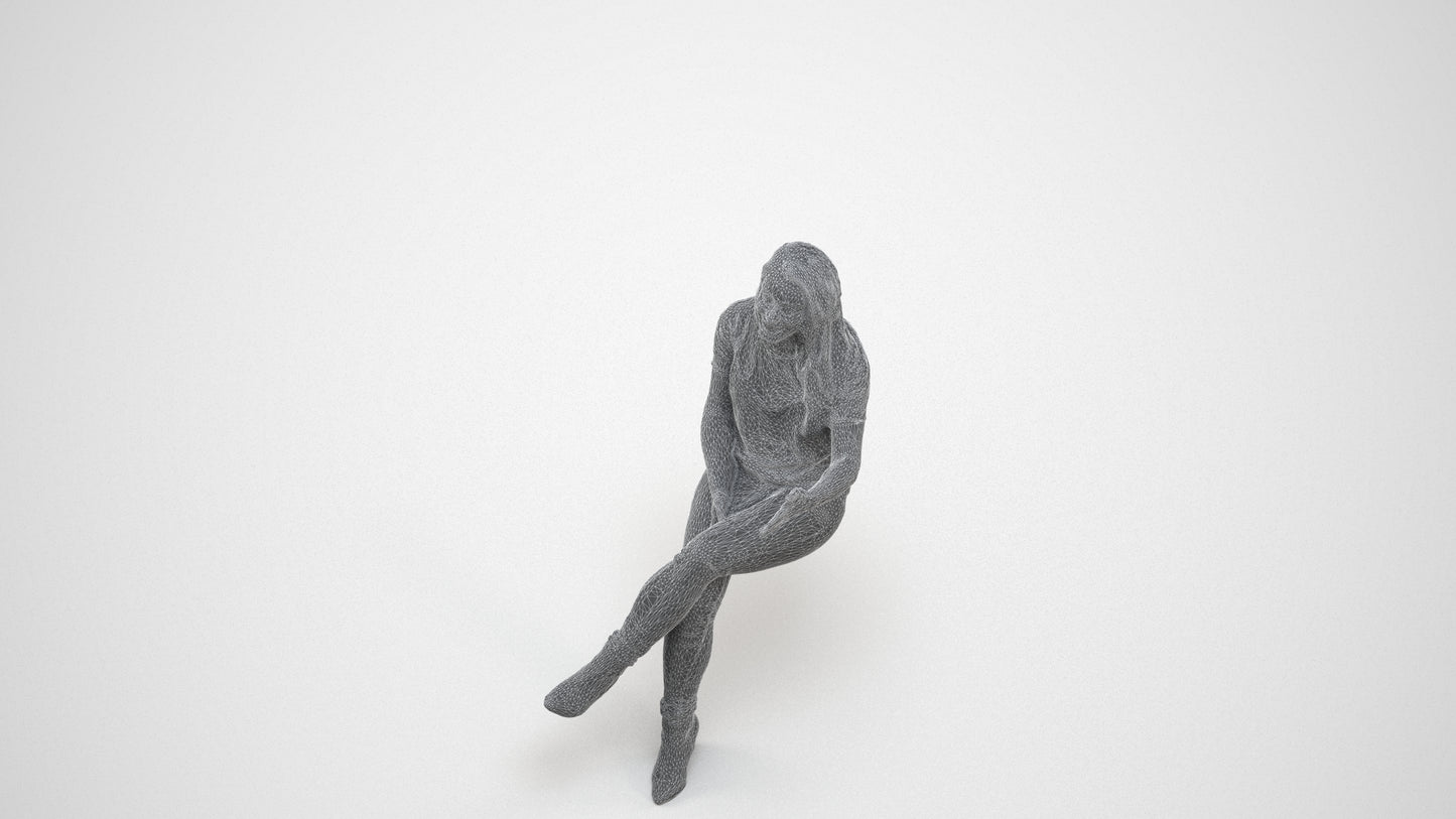 3D scanned woman sitting casual, photorealistic archviz people for Enscape and SketchUp, wireframe three-quarter view