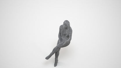 3D scanned woman sitting casual, photorealistic archviz people for Enscape and SketchUp, wireframe three-quarter view