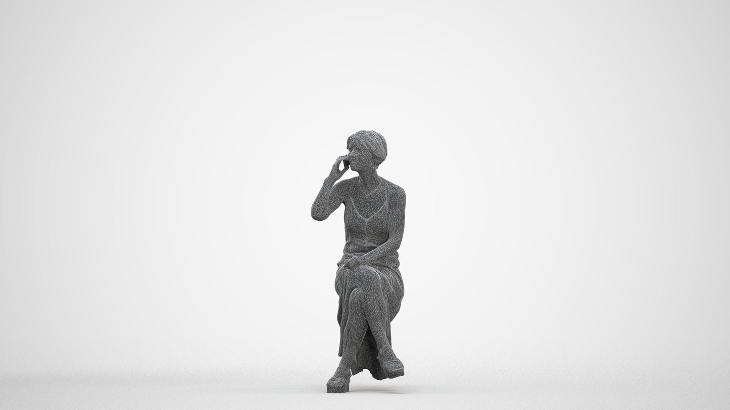 3D scanned senior woman sitting, photorealistic archviz people for Enscape and SketchUp, three-quarter front view render