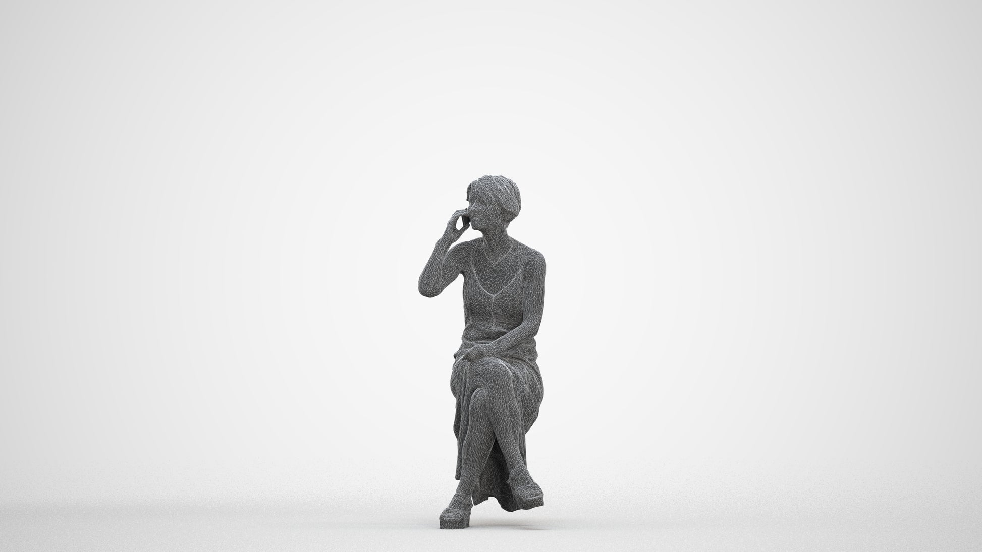3D scanned senior woman sitting, photorealistic archviz people for Enscape and SketchUp, three-quarter front view render
