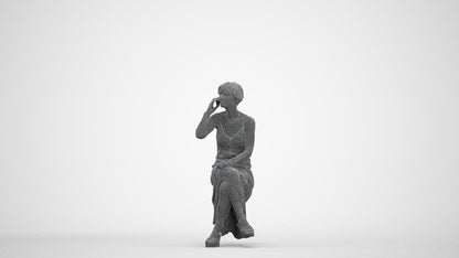 3D scanned senior woman sitting, photorealistic archviz people for Enscape and SketchUp, three-quarter front view render