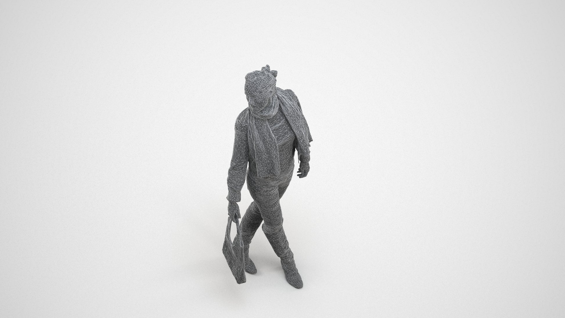 3D human model woman casual walking, photogrammetry scanned person for archviz, wireframe three-quarter view