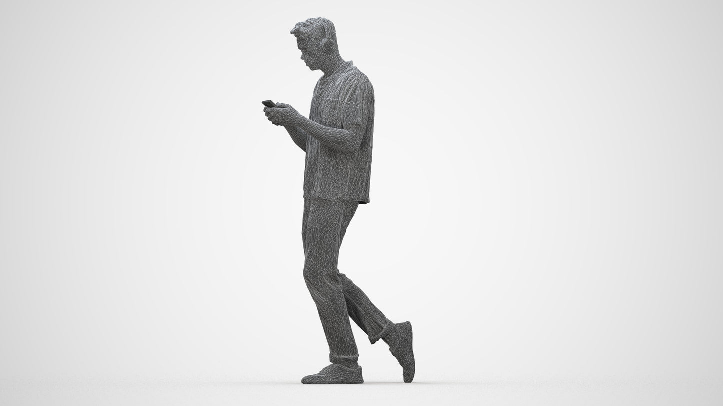 photogrammetry 3D man casual walking, realistic human model archviz FBX, wireframe back view