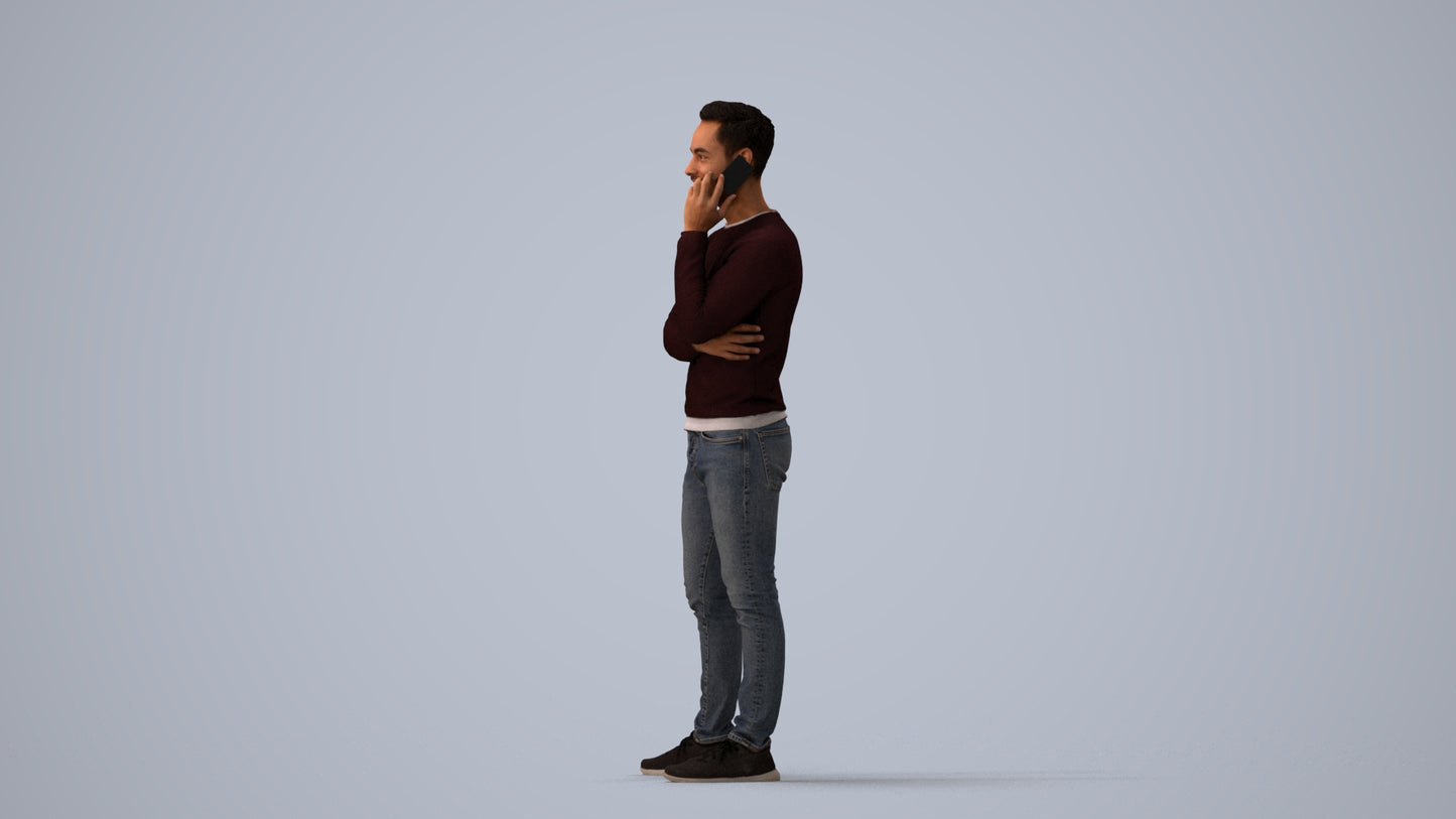3D human model man casual standing, photogrammetry scanned person for archviz, three-quarter view render