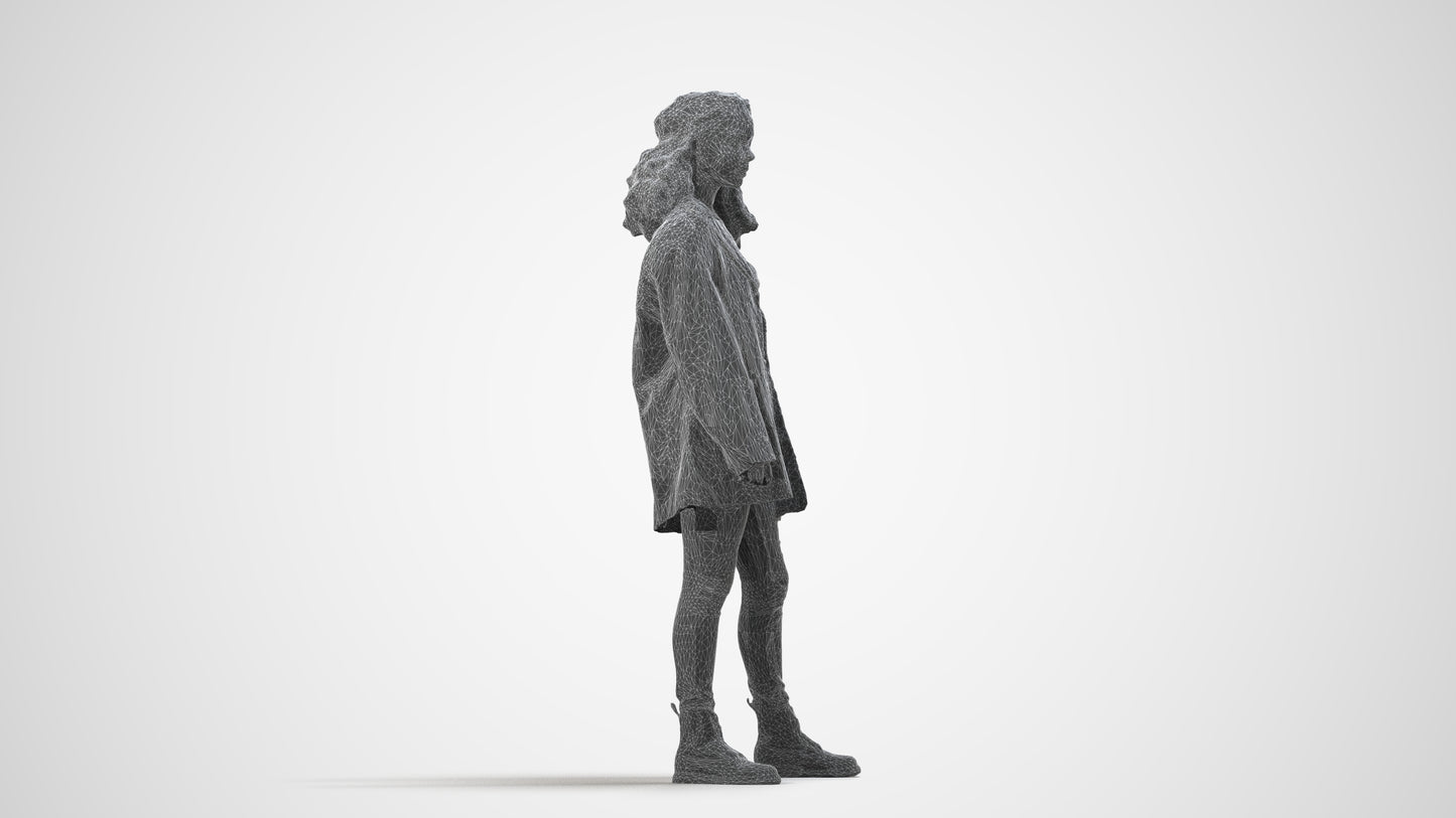 realistic 3D human woman casual standing, archviz people FBX OBJ for Blender, wireframe side view