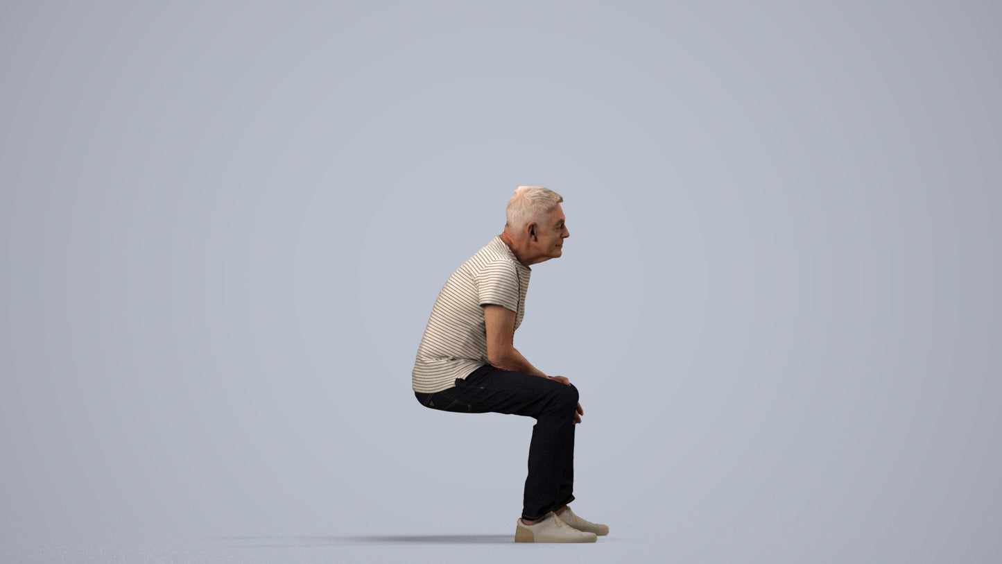 3D people model senior man casual sitting, scanned human for 3ds Max rendering, side view render