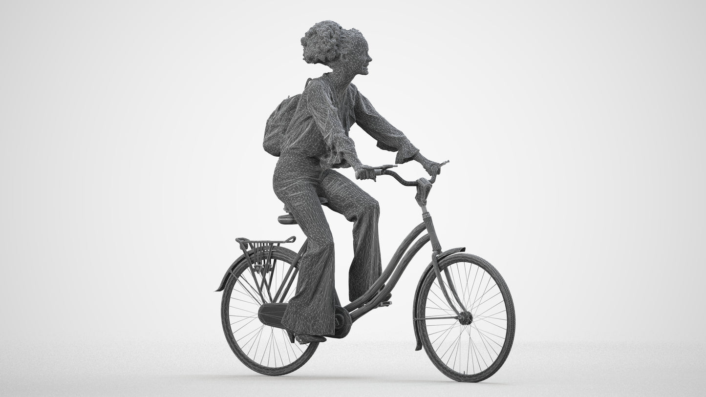 photogrammetry 3D woman casual cycling, realistic human model archviz FBX, wireframe side view