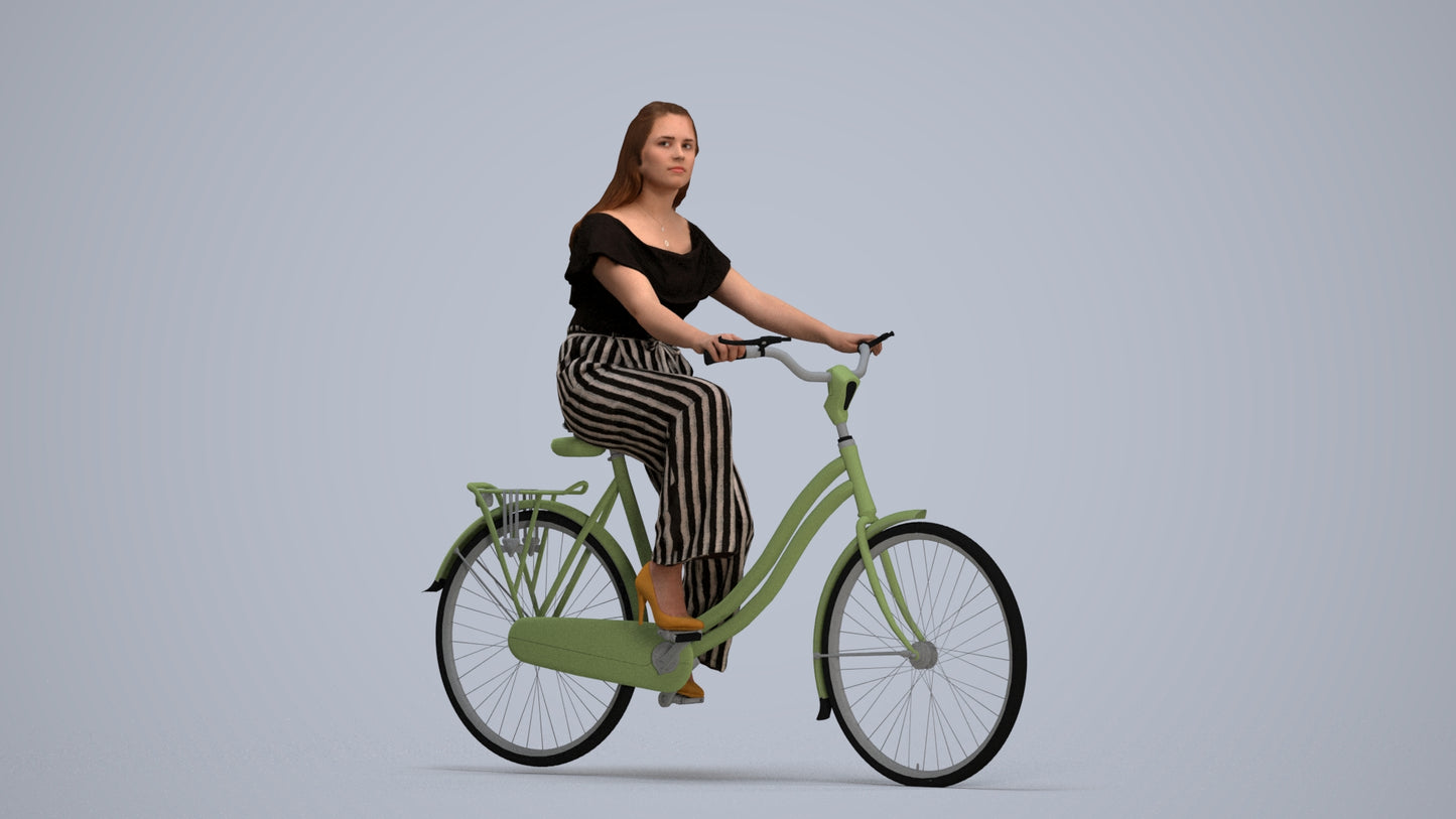 photogrammetry 3D woman casual cycling, realistic human model archviz FBX, standing pose render