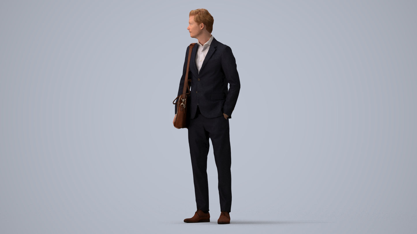 3D human model man business, photogrammetry scanned person for archviz, three-quarter view render