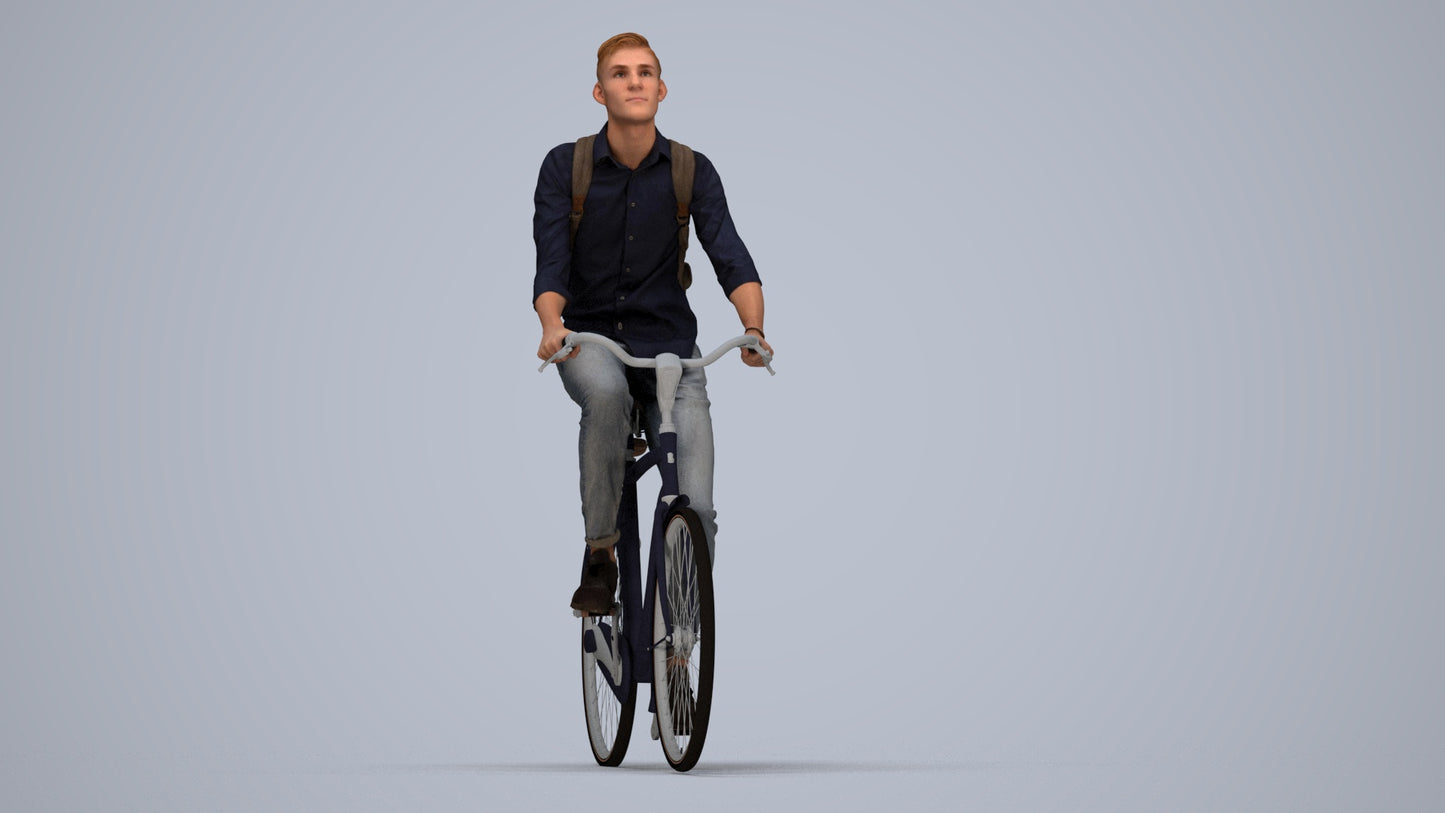 photogrammetry 3D man casual cycling, realistic human model archviz FBX, top-down view render